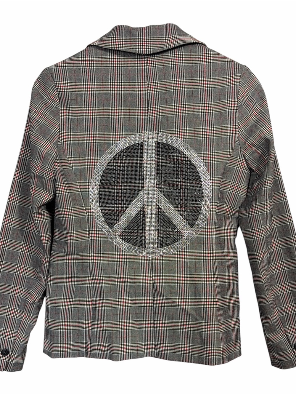 Hipchik Couture plaid blazer with crystal-embellished peace sign on the back 4